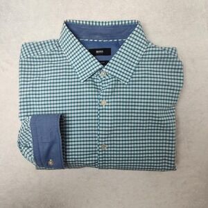 Hugo Boss Shirt Mens 2XL Green Check Button Up Regular Fit Cotton Spandex Malik